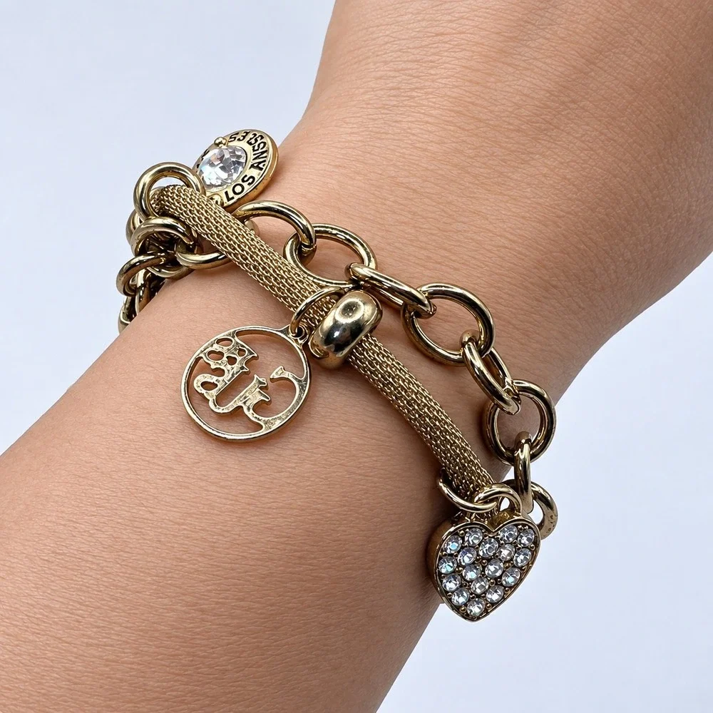 GUESS Gold Tone Charm Bracelet Rhinestone Heart Logo Multi Strand Y2K 7